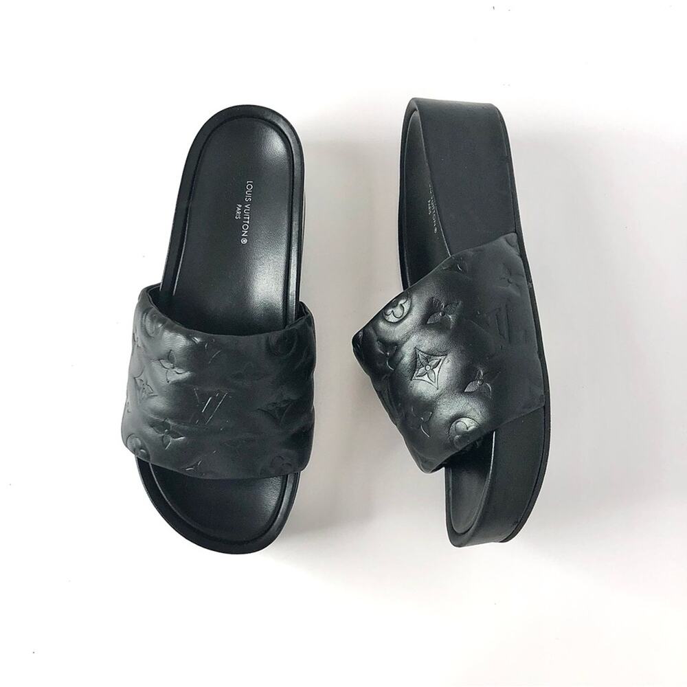 Louis Vuitton Jumbo Flatform Monogram Mules Black Leather Slip On Sandals 38
